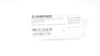 Synthes 02.231.665 5.0mm Cannulated VA Locking Screw/65mm